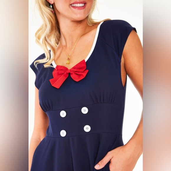 Voodoo Vixen Nautical Dress Bow Fit & Flare Sailor 50’s Navy Midi Womans Size 6 - Picture 3 of 11